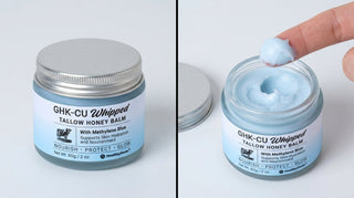 GHK-Cu copper peptide balm jar closed and opened showing before and after product application