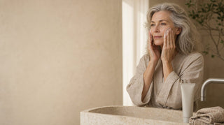 Woman in her fifties washing her face with a non-foaming tallow cleanser at a bathroom basin