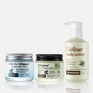 ghk-cu whipped tallow honey balm Why is my moisturizer blue and why does it feel this luxurious? HealthyDerm GHK-Cu Whipped Tallow Honey Balm has officially entered my skincare rotation. The texture, the glow, the hydration just