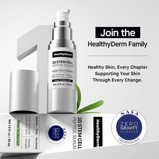 HealthyDerm 3D Stem Cell Peptide Serum with packaging and NASA Zero Gravity Sciences logo on a light gray background.
