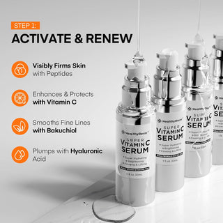 Vitamin C Serum benefits chart showing firming, brightening, and hydrating effects with peptides, Vitamin C, bakuchiol, and hyaluronic acid.