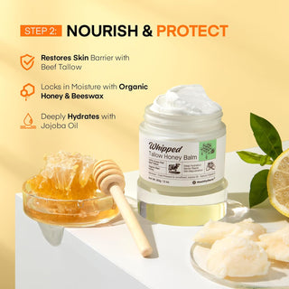 Tallow Honey Balm benefits for mature skin, featuring beef tallow, organic honey, and jojoba oil to restore and hydrate skin barrier.