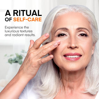 Mature woman applying Vitamin C Serum and Tallow Balm Set for Mature Skin, promoting radiant, youthful skin through self-care ritual.