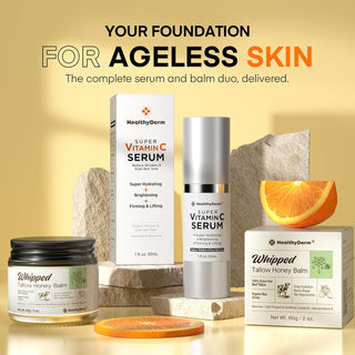 Vitamin C Serum and Tallow Balm Set for Mature Skin displayed with oranges and natural stones, emphasizing anti-aging skincare foundation.
