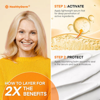 Step-by-step guide to layering Vitamin C Serum and Tallow Balm for mature skin, enhancing absorption and moisture retention.