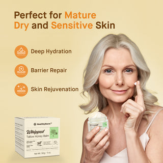 Mature woman using Tallow Balm for Dry Skin, emphasizing deep hydration, barrier repair, and rejuvenation for sensitive and aging skin.