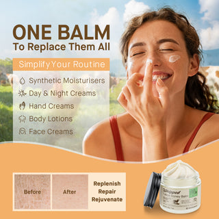 Woman applying Tallow Balm for Dry Skin with before-and-after skin results, highlighting its all-in-one use for face, hands, and body care.