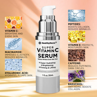 Vitamin C Serum for Age Spots with ingredient callouts like peptides, niacinamide, and bakuchiol for anti-aging and skin repair.