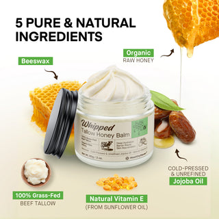 Tallow Balm for Dry Skin with five natural ingredients including beeswax, raw honey, and jojoba oil, shown with ingredient visuals for clarity.