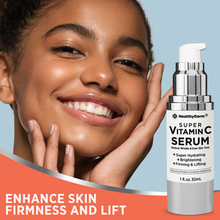 Smiling woman with glowing skin next to Vitamin C Serum for Age Spots, promoting enhanced skin firmness, brightness, and lift.