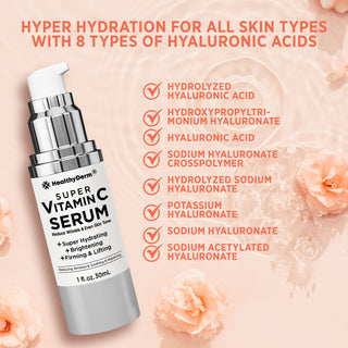 Vitamin C Serum for Age Spots featuring 8 types of hyaluronic acid for deep hydration, suitable for all skin types.