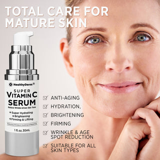Mature woman with smooth skin beside Vitamin C Serum for Age Spots, showcasing anti-aging, hydration, and brightening benefits.
