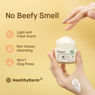 Hands holding Tallow Balm for Dry Skin with text noting light scent, non-greasy formula, and pore-safe benefits for daily skincare routines.