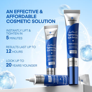 Instant Tightening Eye Serum offers visible lift in 5 minutes, lasting up to 12 hours, making skin look up to 20 years younger.