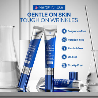 Made in the USA, Instant Tightening Eye Serum is gentle on skin and free from fragrance, parabens, alcohol, oil, and cruelty.