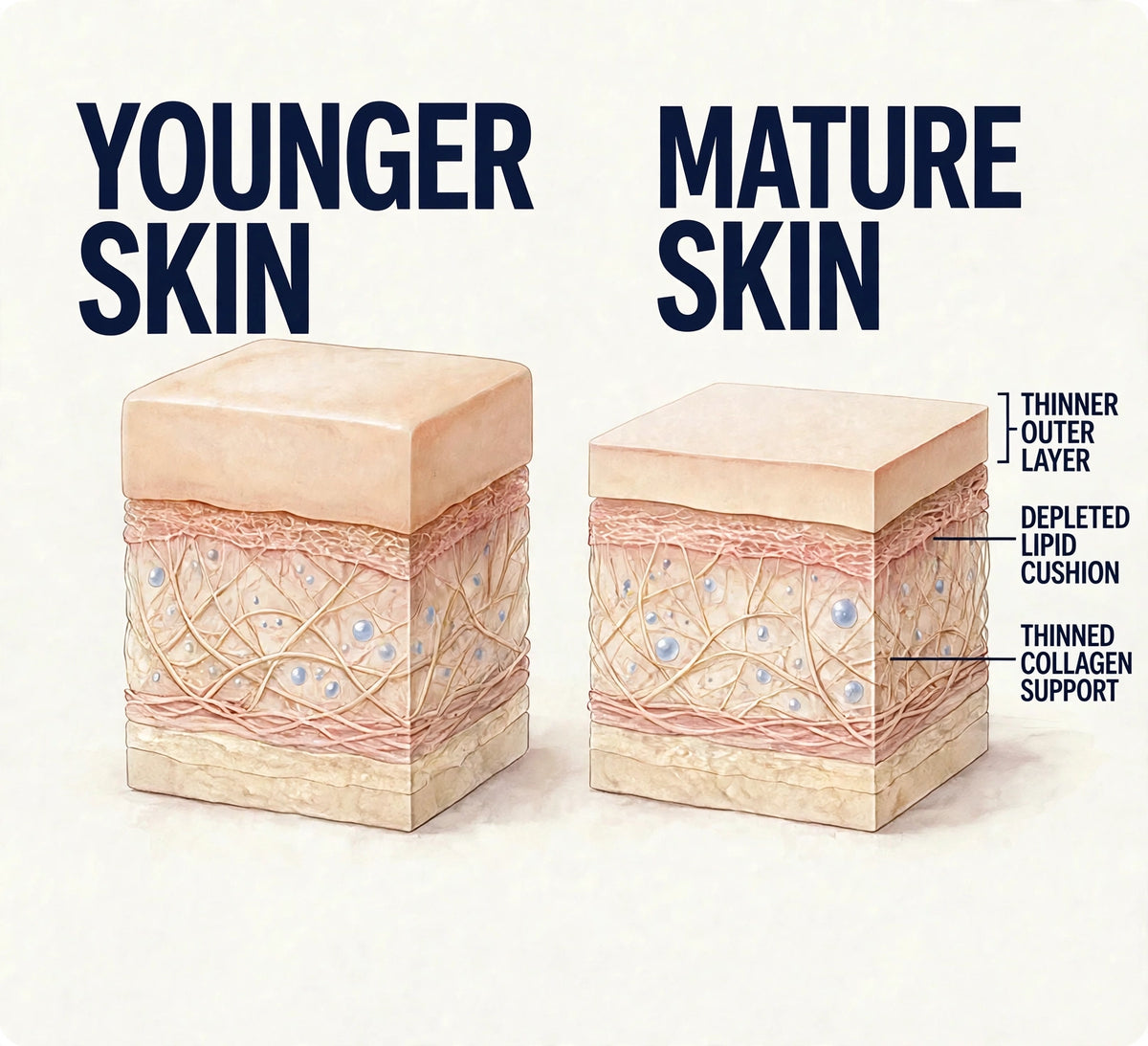 Illustration: younger skin next to mature skin, with a thinner outer layer, depleted lipid cushion and thinned collagen support